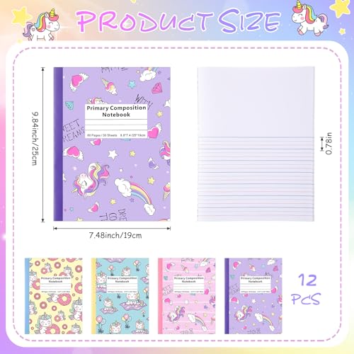 Weekgrat Caderno de composição primária K-2 Unicórnio Caderno de composição primária com pautas ampl