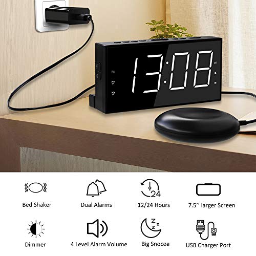 Super Loud Alarm Clock With Bed Shaker For Heavy Sleeper, Dual Vibrating Alarm Clock With Usb Charger For Hearing-Impaired Deaf, 7.5’’ Large Display With Dimmer, Snooze, 12/24H & Battery Backup #TOP7