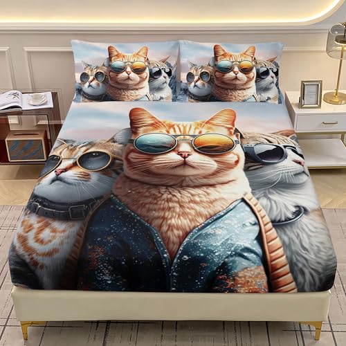 AILONEN 3D Cat Fitted Sheet Set, Queen Size, Funny Kitten Bedding Set for Kids Boys Girls,Cat Lovers Animal Bed Sheet Set,3 Pieces, 1 Fitted Sheet and 2 Pillowcases