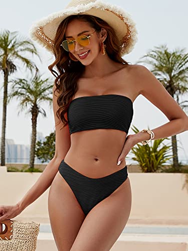 Zaful Women 2 Piece Bandeau Swimsuits Ribbed Lace Up Strapless Bandeau Bikini Set High Cut Bathing Suits(0-Black,L) #TOP3
