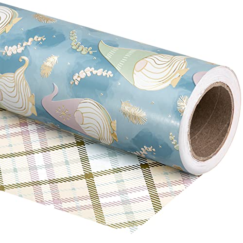 WRAPAHOLIC Reversible Christmas Wrapping Paper - Mini Roll - 17 Inch x 33 Feet - Blue Purple Gnome and Plaid Design with Metallic Foil Shine for Holiday Party Celebration