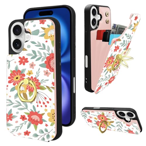 Housse iPhone 16 anti-piratage RFID anti-chute à rabat fleuri et support vidéo