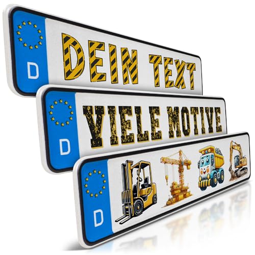 schildEVO 1 Mini Kfz-Kennzeichen | Bagger Namensschild | Baustelle | Wunschtext zum Geburtstag | Aluminium | Fun-Kennzeichen für Kinderauto | Kettcar | Tretauto | Gokart