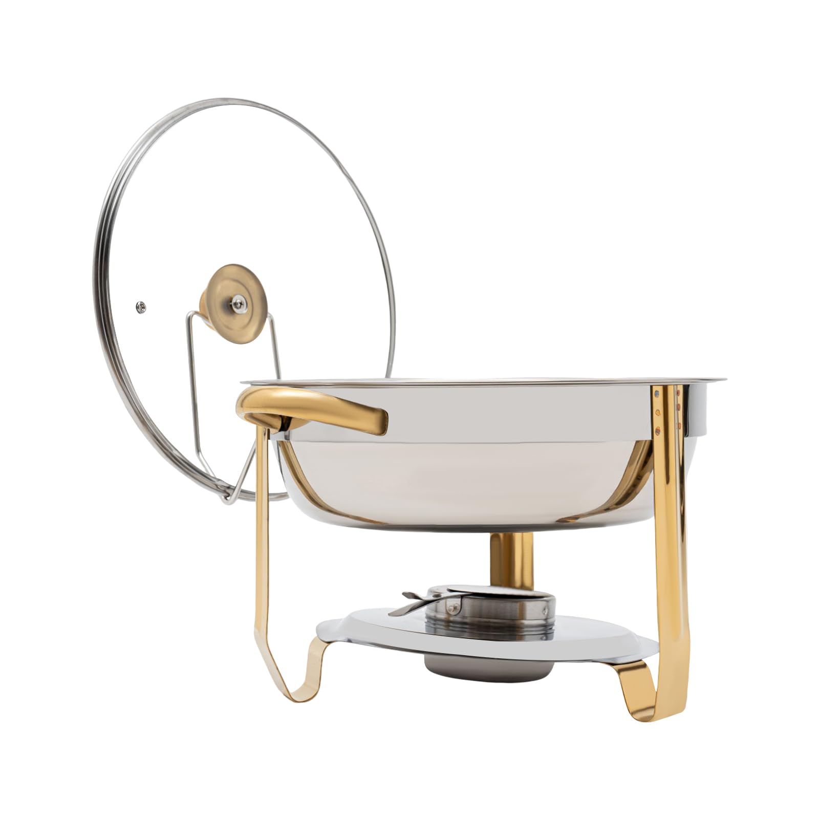 Acero inoxidable Chafing Dish 5L Calientaplatos Calentador de alimentos Calentador de alimentos Redondo Calentador de Sopa Bain Mango Dorado para Restaurantes Cafeterias Hoteles