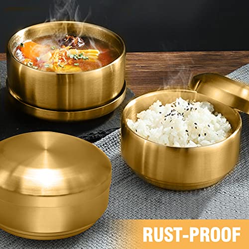 Mdeoosky 2Pcs 304 4.92 Inch Stainless Steel Bowls Gold Metal Bowl With Cover Double Layer Anti Scalding Bowl Rice Bowls Soup Bowl Salad Bowl Noodle Bowl #TOP2