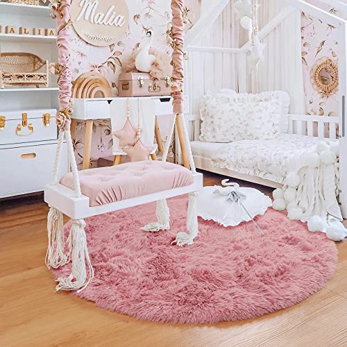 Pagisofe 4X4 Feet Area Rug, Soft Blush Round Circle Rugs For Girls Room, Fluffy Carpets, Shaggy Rugs, Small Teepee Furry Mat, Comfy Reading Circular Rug,Rugs Kids Nursery Room #TOP3