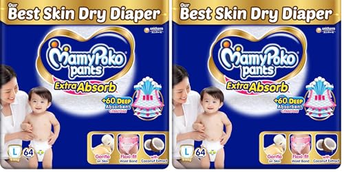 Image of MamyPoko Pants Extra Absorb Baby Diapers, Large (L), 64 Count, 9-14kg (Pack of 2)