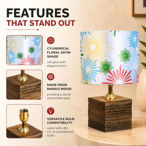 Image of tu casa Bedside Table Lamp Wooden Base Floral Shade Warm Light 12 inch