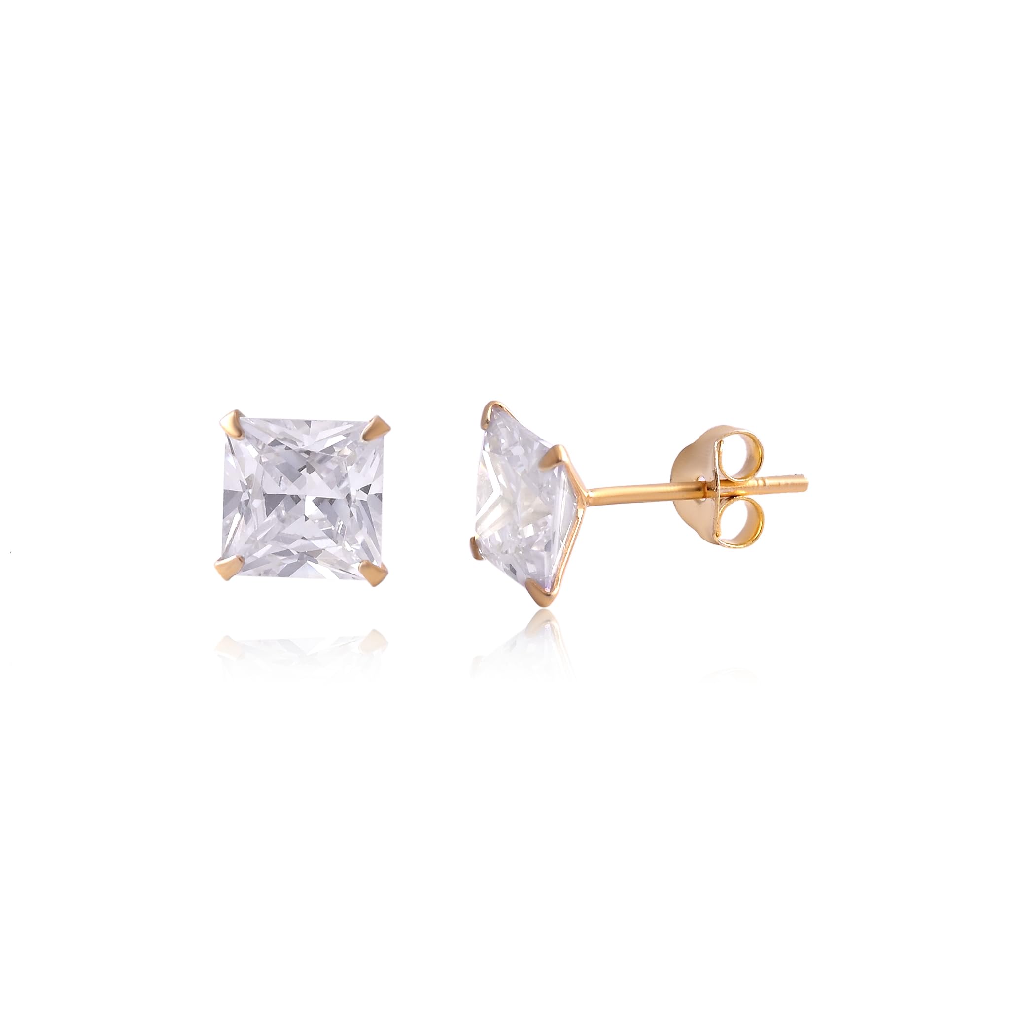 18k Gold Plated 925 Sterling Silver Pair of 7 MM Square Princess Cut Single White Cubic Zirconia (CZ) Stone Solitaire Piercing Stud Earrings For Girls Women Men & Boys-image-46