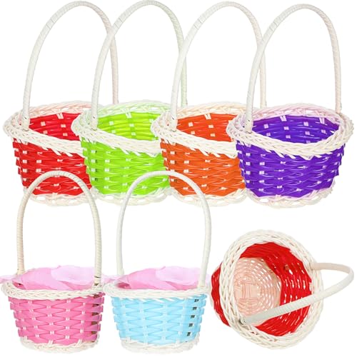 TOYANDONA 6 Cestas Tejidas Pequeñas con Asa, Cesta de Almacenamiento para Dulces y Huevos de Pascua, Colores Surtidos Azul, Verde, Naranja, Rojo, Púrpura y Rosa, Paquete de 6 Unidades