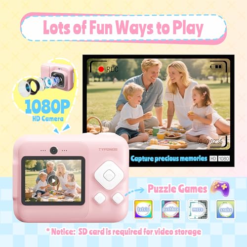 Image of Instant Print Camera for Kids, Christmas Birthday Gifts for Girls Boys Age 3-12, TYPONOS Kids Cameras, Portable Toy Camera for 3 4 5 6 7 8 9 10 Year Old Girl with 32GB SD Card, Pink