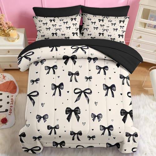 Image of Nesker Bow Comforter Set Queen Size, 7 Pieces Bed in a Bag, Black Bow Bedding Set for Girls, Coquette Heart Comforter Set with 2 Pillowcases & 2 Shams