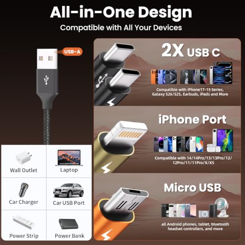 Image of 4 in 1 Multi Charging Cable, Charging Cords for Multiple Devices 2Pack 5FT | USB Cable, Universal Phone Charger Cord with Dual Type-C /IP /Micro USB, Support Carplay, Travel Essentials&Camping Essentials