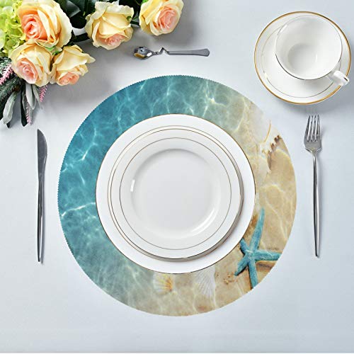 Round Placemat Set Of 4 For Dining Table Tropical Sea Beach Starfish Seashell Place Mat Heat Resistant Kitchen Table Mat For Party Home Decor Everyday Use Washable #TOP2