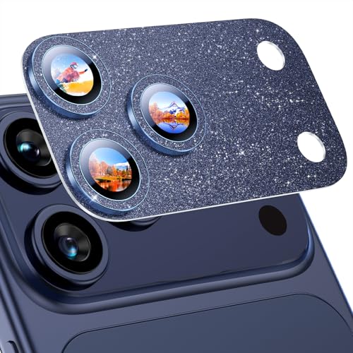 Image of Uyiton Compatible with iPhone 17 Pro Camera Lens Protector Bling - [Not Easy to Break][Strong Adsorption][Case-Friendly] Metal Tempered Glass Rear Camera Screen Cover - Glitter Blue
