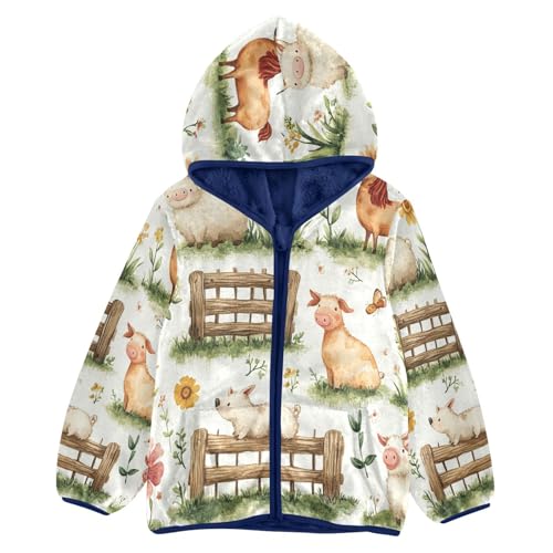 Farm Animals and Floral Toddler Fleece Jacket Girl Boys Hooded Fleece Jacket Coat Warm Outwear Zip-up 3-10T