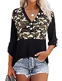 Messic 3/4 Sleeve Shirts for Work Roll Up Sleeve Tunic Top Loose Fit Button Tunic Shirts for Women V...