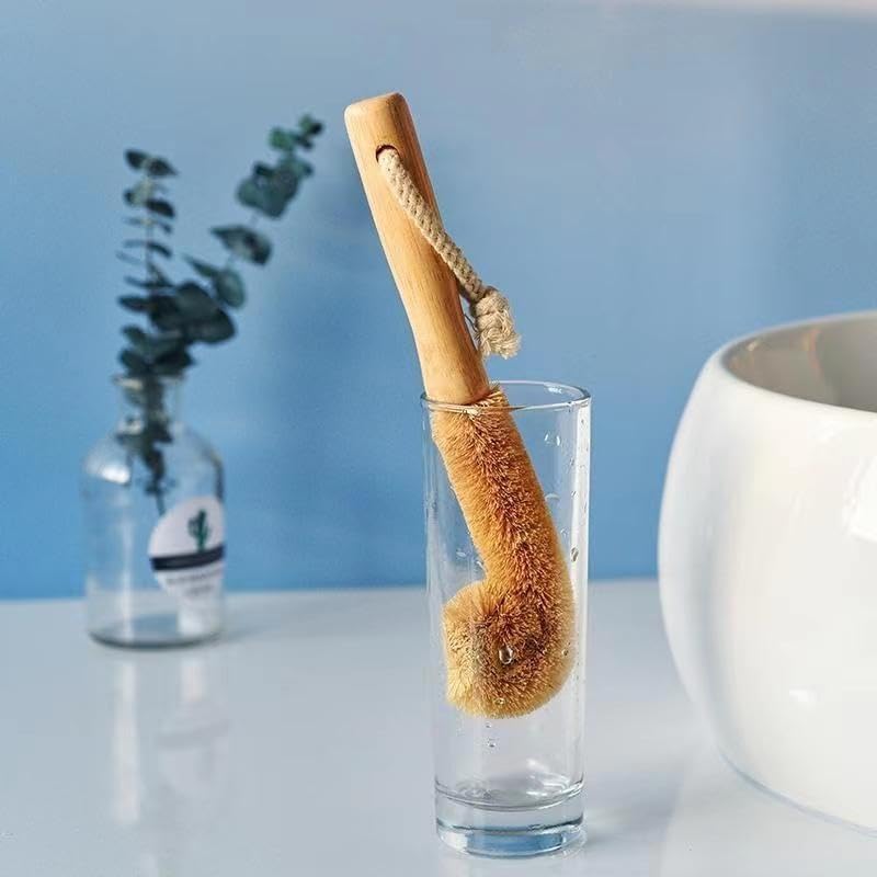 Hangable Coconut Fibre Bottle Cleaning Brush with Wooden Handle, Bottle Washing Brush, Pan Scrub, Sturdy, Bottle Vase Glassware Water Cleaning Brush Narrow Deep Cleaning, Eco-Friendly (Large)