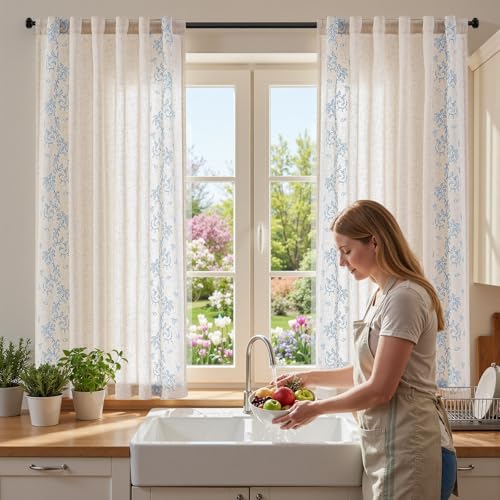 Image of jinchan Floral Linen Curtains, Back Tab 50x63 Inch, 2 Panels Blue