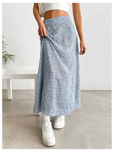 Women's Ditsy Floral Maxi Skirts Elastic High Waisted Flared Hem Summer Beach Long Skirt2