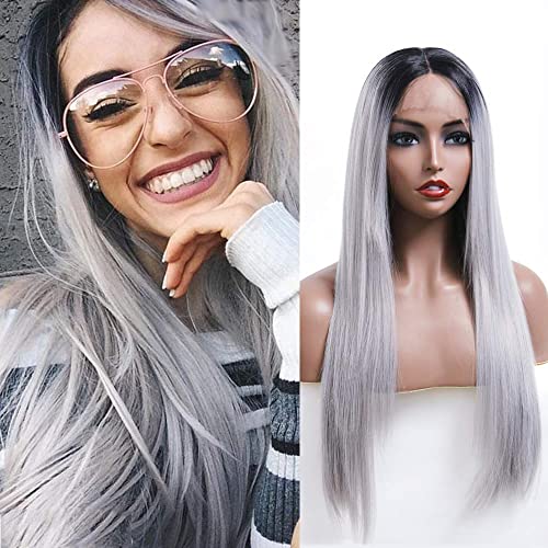 Glueless Lace Front Wigs Black Ombre Silver Grey Color Long Natural Straight Synthetic Lace Wigs For Women Natural Hairline Heat Resistant Fiber Hair 24inch
