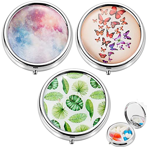 Lot de 3 boîtes à pilules rondes en métal pour femme - Petit distributeur de pilules de voyage - 3 compartiments - Avec miroir pour vitamines, médicaments, tablettes Cover