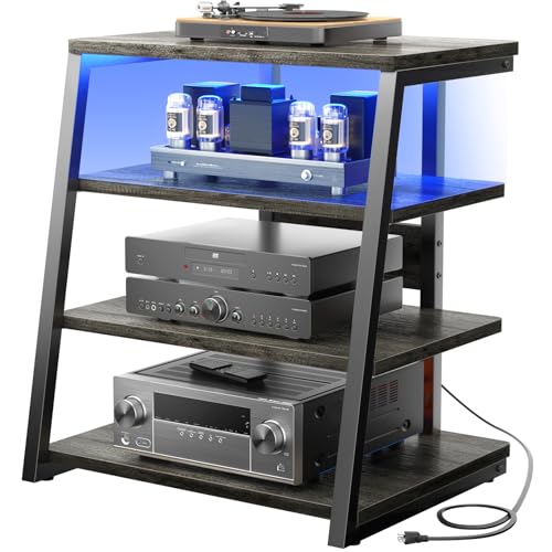 armocity 4-Tier AV Media Stand with Power Strips, Corner TV Stand with LED Lights, Rack Audio Tower with Adjustable Shelves, Corner Entertainment Center, 30'', Grey Oak