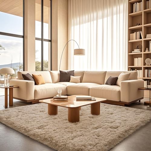 Beige Rugs for Bedroom 6x9 ft - Ultra Soft Faux Fur Area Rug - Plush Non-Slip Shaggy Carpet for Living Room, Cozy Fluffy Rug for Kids Boys Girls Dorm Nursery Room, High Pile Floor Carpet