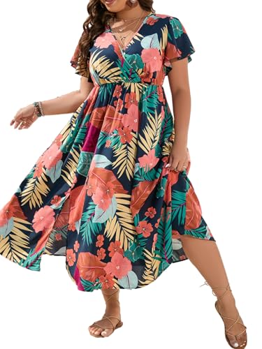 Floerns Women's Plus Size Boho Floral V Neck Short Sleeve A Line Long Dress