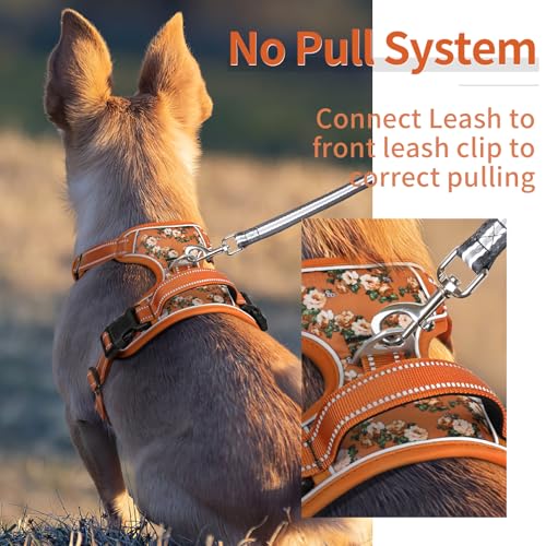 HEELE Hundegeschirr, Hundegeschirre mittelgroße Hunde mit Griff reflektierendes Hundegeschirr gepolstertes Brustgeschirr No Pull Geschirr Hund Verstellbar, Blume-Orange, M