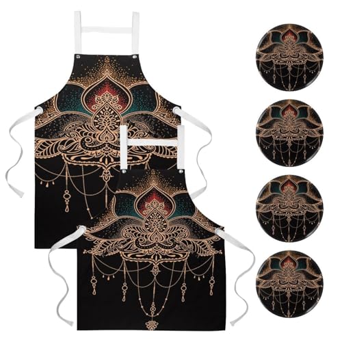Lot de 2 tabliers de cuisine motif fleur de lotus multicolore avec 4 broches