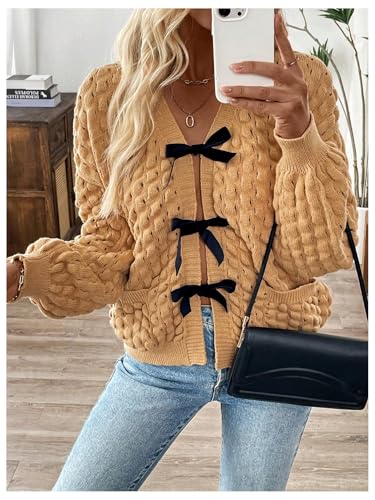SOLY HUX Women's Bow Tie Front Cardigans Long Sleeve V Neck Knitted Sweater Outerwear2