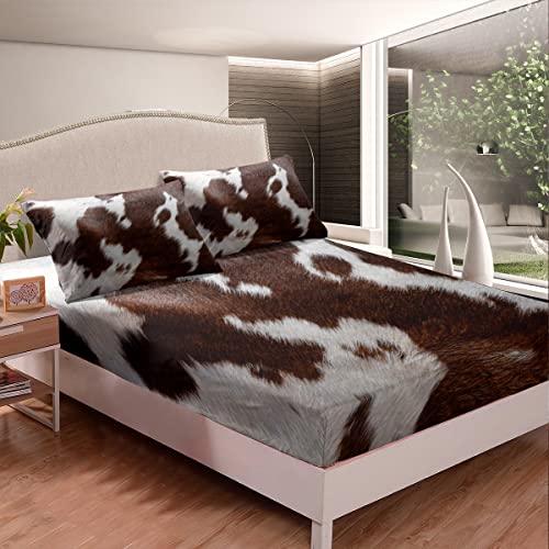 Erosebridal Cow Print Sheet Set, Brown White Cowhide Bed Sheets King For Kids Teens Adult Room Decoration, Farmhouse Animal Hair Fitted Sheet+ Western Cowboy Flat Sheet+2 Cowhide Rustic Pillow Cases #TOP2