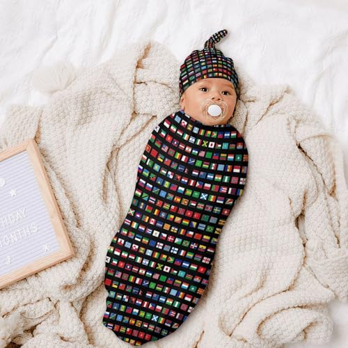 Image of Unisex Newborn Swaddle Blanket with Beanie Hat - Flag Pattern - Perfect for Baby Shower Gifts - Suitable for Newborns (0-6 Months) - Polyester Fabric