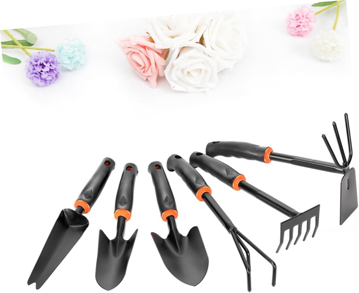 6-Piece Garden Tool Set Black Plastic Handle Iron Wide Shovel and Mini Rake for Home Gardening Balcony and Potted Plants Anti-Skid Design Multi-Functional Hoeing Rake Accessories