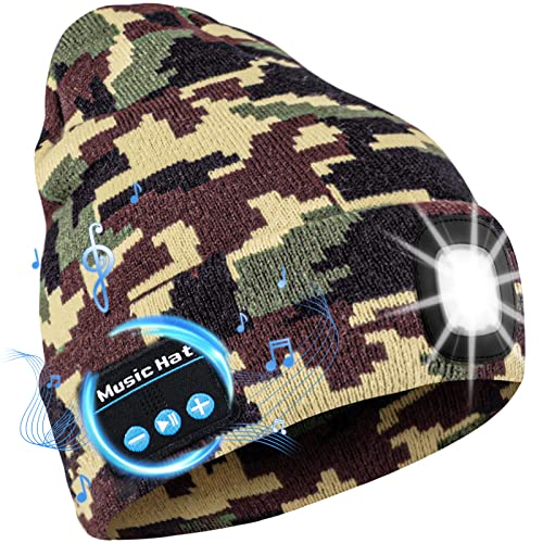 Deilin Unisexe Bonnet Bluetooth avec LED Lampe d'hiver, Bonnet Musique tricoté 4 LED USB Rechargeable Luminosité Réglable pour la Marche, Le Camping, Le Jogging, Le Ski, Vert Camouflage Cover