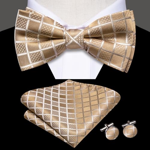 Image of Hi-Tie Champagne Bow Ties for Men Plaid Dots Handkerchief with Cufflinks Mens Bowtie Sets for Wedding Formal Party