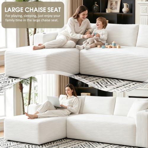 Image of Cloud Sectional Boneless Couches for Living Room,Modular Sectional Sofa with 2 Cup Holders,Memory Foam Cloud Couch with L Shaped Oversized Chaise,No Assembly Needed Plush Corduroy Sofa,Beige