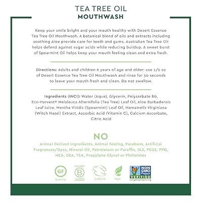 Desert Essence Tea Tree Oil Mouthwash, Spearmint, 16 fl oz - Alcohol Free, Sugar Free, Gluten Free, Vegan, Cruelty Free, Non-GMO - Aloe, Vitamin C & Spearmint Essential Oil - Healthy Teeth & Gums