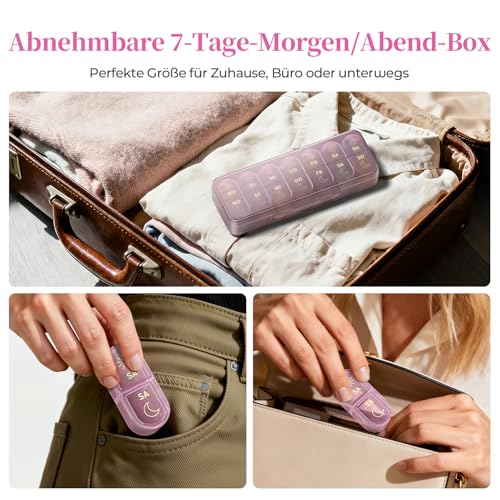 Betife Tablettenbox 7 Tage Morgens Abends, Pillendose Woche 2 Fächer Groß, Medikamentenbox 7 Tage mit Pillenbox Klein für Unterwegs, Tabletten Organizer 14 Tage Tragbare Tablettendose （Violett）