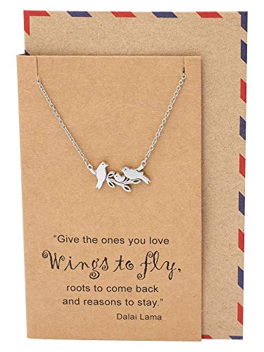 Quan Jewelry Mother and Baby Little Birds Necklace for Women, Animal Pendant Gifts for Moms, Mother's Day Family Jewelry with Inspirational Dalai Lama Quote on Greeting Card, Silver Tone