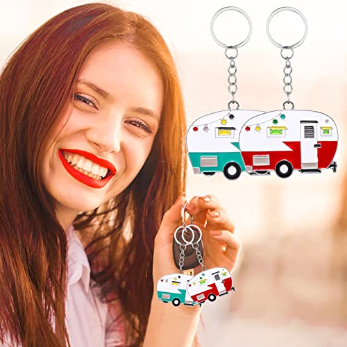 Image of Thinp 2 Pieces Camper Keychain, RV Camper Keyring Accessories for Travel Trailers Enameled Metal Retro Camping Car Keychain