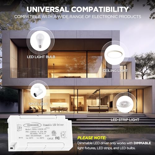 Image of Dimmable 12V 24W LED Driver with US Plug, AC 120V to DC 12V LED Electronic Transformer, Dimming Power Supply 12V 2A Constant Voltage LED Driver, AC to DC Converter for Track Lights, Puck Light
