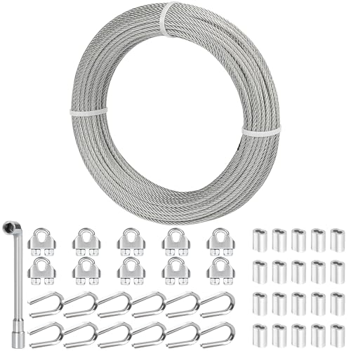 TooTaci 1/8 Stainless Steel Cable, 100ft Wire Rope, 7×7 Strands Aircraft Cable with Loops Sleeves, Cable Clamps, Thimbles, 304 Stainless Steel Wire Kit for Lights Hanging, Cable Railing, Curtain Wire