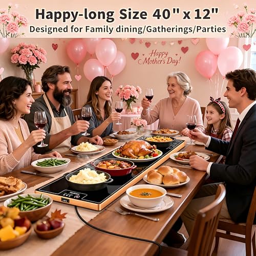 Image of Warming Mat for Food (Extra Long 40 inchx12 inch), Electric Warming Trays for Buffets Party & Daily Use with Golden Edges, Temperature Adjustable & Full Surface Warm Tempered Glass Food Warmer Mat, Black