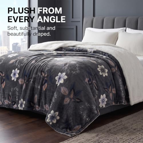 Image of BSB HOME Premium Flannel Fleece Blanket with Sherpa Reverse, 280 GSM Soft Plush Reversible Floral Blanket, Warm Cozy Winter Blanket for Bed, Sofa & Couch, 90 x 100 Inches (228 x 254 cm) - Slate Grey