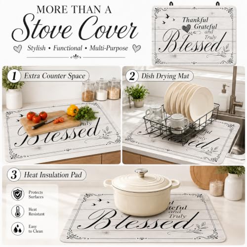 Image of Thankful Grateful Blessed Stove Top Cover for Electric Stove 28 inchx 20 inch Wood Grain Background Heat Resistant Glass Top Stove Cover Protector, Glass Cooktop Covers, Kitchen Flat Stove Top Covers