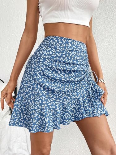 EARKOHA 2025 Skirts for Women Ditsy Floral Print Drawstring Ruffle Hem Skirt Blue S4