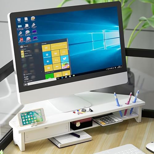Support de moniteur d'angle blanc avec tiroir et support de téléphone pour bureau