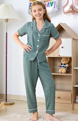 Image of Hupohoi Big Girls Button Down Pajama Set 3pcs Short Sleeve Long Pants with Shorts Crepe Wrinkled Fabric Sleepwear Nighty